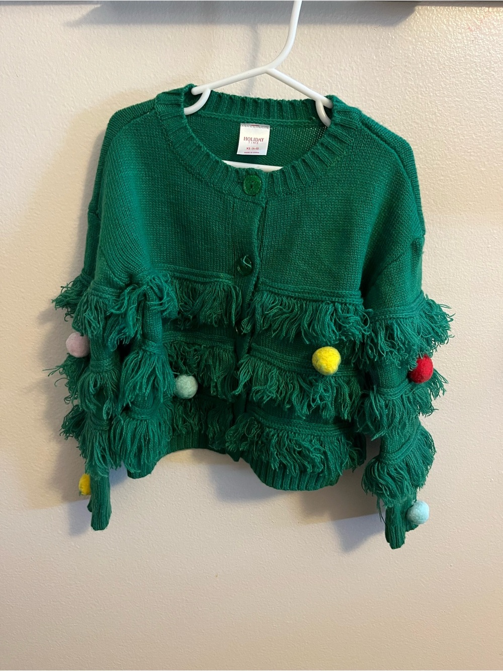 Holiday Time Green Knit Fringe Cardigan with Colorful Pom-Poms
